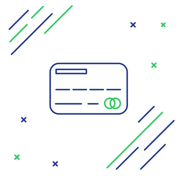 Línea azul y verde Icono de tarjeta de crédito aislado sobre fondo blanco. Pago en línea. Retiro de efectivo. Operaciones financieras. Señal de compra. Concepto de esquema colorido. Ilustración vectorial — Vector de stock