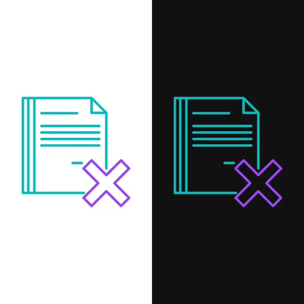 Ligne verte et violette Supprimer l'icône du document de fichier isolé sur fond blanc et noir. Icône du document rejeté. Croix sur papier. Illustration vectorielle — Image vectorielle