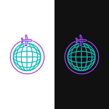 Yeşil ve mor çizgi Globe uçan uçak simgesi beyaz ve siyah arka plan üzerinde izole ile. Uçak dünya gezegeninin etrafında uçar. Uçak dünya simgesi. Vektör İllüstrasyonu