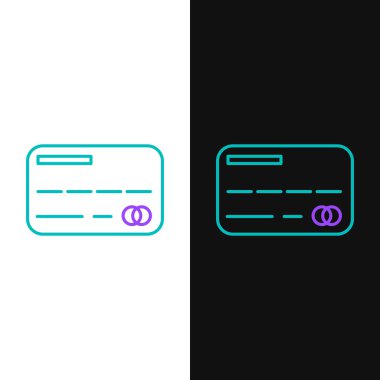 Yeşil ve mor çizgi Kredi kartı simgesi beyaz ve siyah arka planda yalıtılmış. Online ödeme. Nakit para çekme. Finansal operasyonlar. Alışveriş tabelası. Vektör İllüstrasyonu