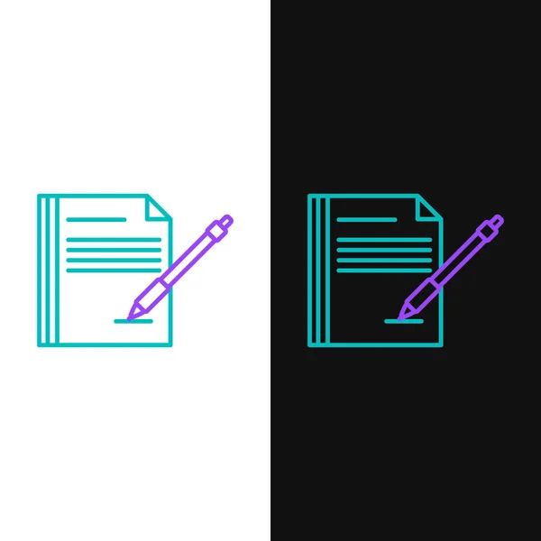 Ligne verte et violette Carnet vierge et icône de stylo isolés sur fond blanc et noir. Papier et stylo. Illustration vectorielle — Image vectorielle