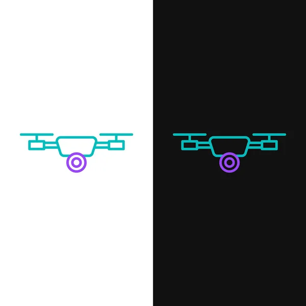 Línea verde y púrpura Drone volando con el icono de la cámara de vídeo de acción aislado sobre fondo blanco y negro. Quadrocopter con video y el símbolo de la cámara fotográfica. Ilustración vectorial — Vector de stock