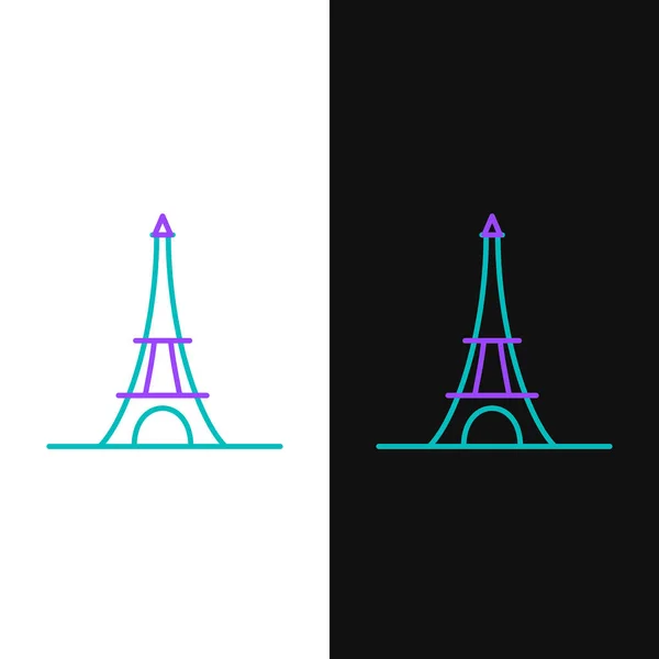 Icono de torre Eiffel de línea verde y púrpura aislado sobre fondo blanco y negro. Francia París símbolo emblemático. Ilustración vectorial — Vector de stock