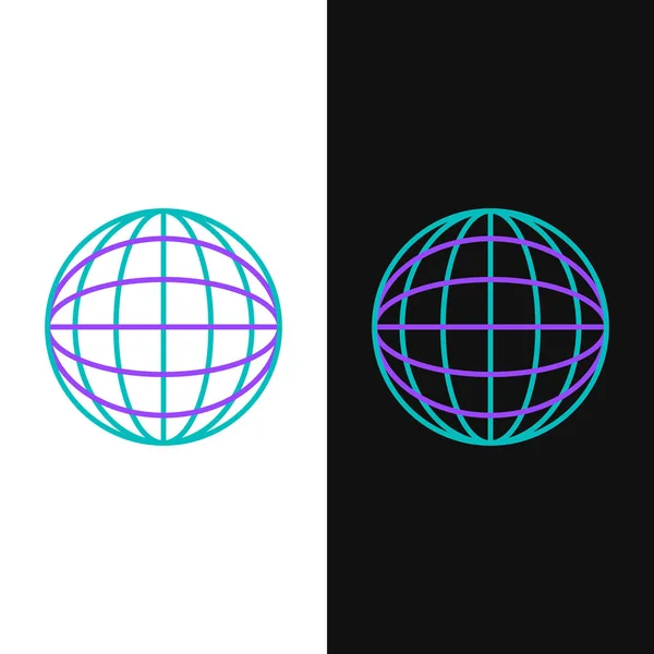 흰색과 검은 색 배경에 격리 된 녹색과 보라색 라인 지구 지구 아이콘입니다. 세계 또는 지구 기호입니다. 글로벌 인터넷 기호입니다. 기하학적 모양입니다. 벡터 일러스트레이션 — 스톡 벡터