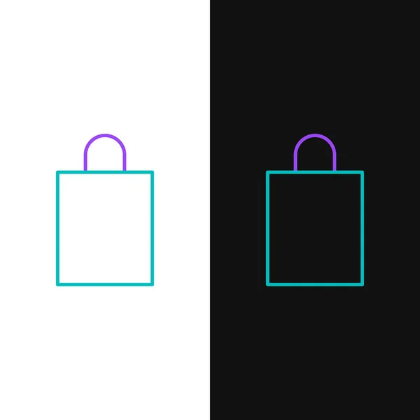 Grüne und lila Linie Papier Einkaufstasche Symbol isoliert auf weißem und schwarzem Hintergrund. Paketschild. Vektorillustration — Stockvektor