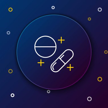 Beyaz ve sarı çizgi Tıp hapı veya tablet simgesi koyu mavi arka plan üzerinde izole. Kapsül hapı ve ilaç işareti. Eczane tasarımı. Renkli anahat konsepti. Vektör İllüstrasyonu