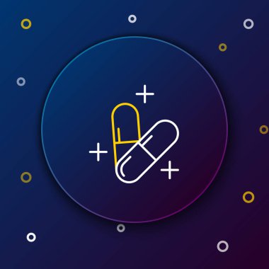 Beyaz ve sarı çizgi Tıp hapı veya tablet simgesi koyu mavi arka plan üzerinde izole. Kapsül hapı ve ilaç işareti. Eczane tasarımı. Renkli anahat konsepti. Vektör İllüstrasyonu