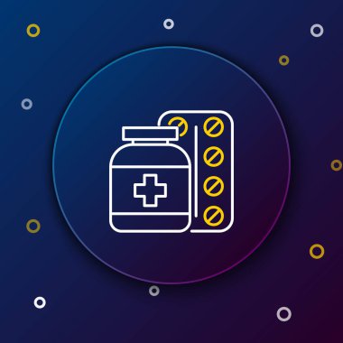 Beyaz ve sarı çizgi Tıp şişe ve hap simgesi koyu mavi arka plan izole. Şişe hapı işareti. Eczane tasarımı. Renkli anahat konsepti. Vektör İllüstrasyonu