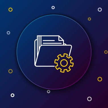 Beyaz ve sarı çizgi Klasör ayarları, koyu mavi arka planda yalıtılmış dişlisimgesiyle birlikte. Yazılım güncellemesi, transfer protokolü, takım çalışması araç yönetimi. Renkli anahat konsepti. Vektör İllüstrasyonu