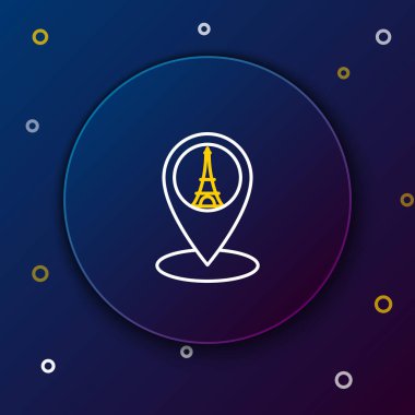 Beyaz ve sarı çizgi Eyfel kule simgesi koyu mavi arka plan üzerinde izole ile Harita işaretçisi. Fransa Paris dönüm noktası sembolü. Renkli anahat konsepti. Vektör İllüstrasyonu