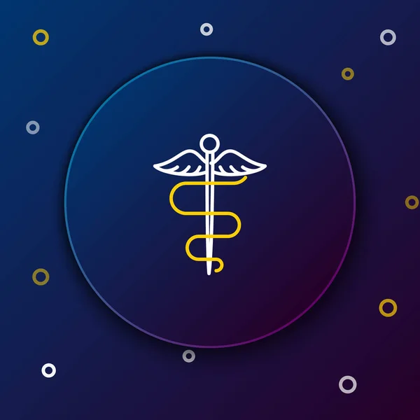 Beyaz ve sarı çizgi Caduceus yılan tıbbi sembol simgesi koyu mavi arka plan üzerinde. Tıp ve sağlık hizmetleri. Eczane veya ilaç, eczane için amblem. Renkli anahat konsepti. Vektör İllüstrasyonu — Stok Vektör