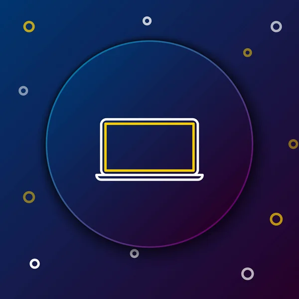 Linea bianca e gialla Icona del laptop isolata su sfondo blu scuro. Quaderno del computer con segno dello schermo vuoto. Concetto di contorno colorato. Illustrazione vettoriale — Vettoriale Stock