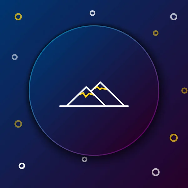 Weiße und gelbe Linie Berge Symbol isoliert auf dunkelblauem Hintergrund. Symbol für Sieg oder Erfolg. Buntes Rahmenkonzept. Vektorillustration — Stockvektor