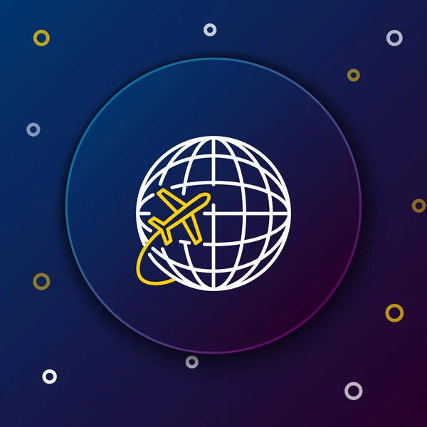 White and yellow line Globe with flying plane icon isolated on dark blue background. Airplane fly around the planet earth. Aircraft world icon. Colorful outline concept. Vector Illustration — Stock Vector