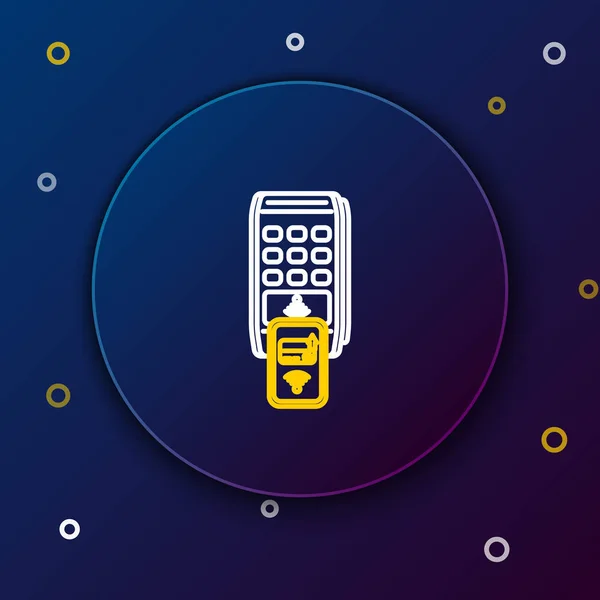 Terminal POS ligne blanche et jaune avec reçu imprimé et confirme le paiement par icône smartphone isolé sur fond bleu foncé. Concept de paiement NFC. Concept de contour coloré. Illustration vectorielle — Image vectorielle