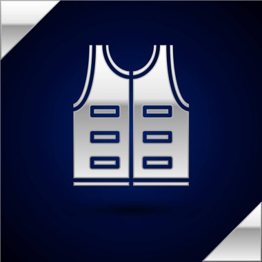 Gümüş Avcılık ceket simgesi koyu mavi arka plan izole. Av yeleği. Vektör İllüstrasyonu