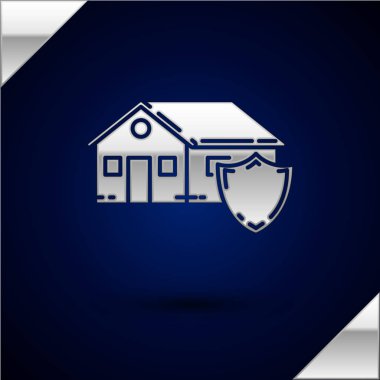 Gümüş Ev koruma simgesi altında koyu mavi arka plan izole. Koruma, güvenlik, güvenlik, koruma, savunma konsepti. Vektör İllüstrasyonu