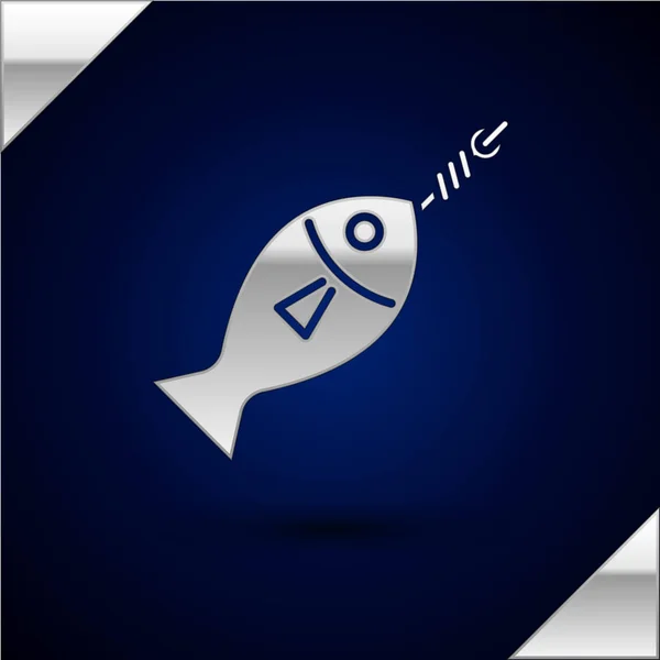 Silberner Fisch auf Hakensymbol isoliert auf dunkelblauem Hintergrund. Vektorillustration — Stockvektor