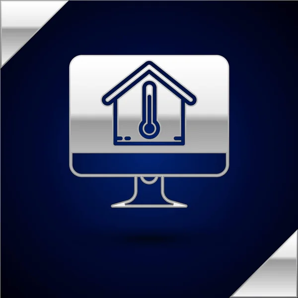 Silver Computer monitor with house temperature icon isolated on dark blue background. Thermometer icon. Vector Illustration — Stock Vector