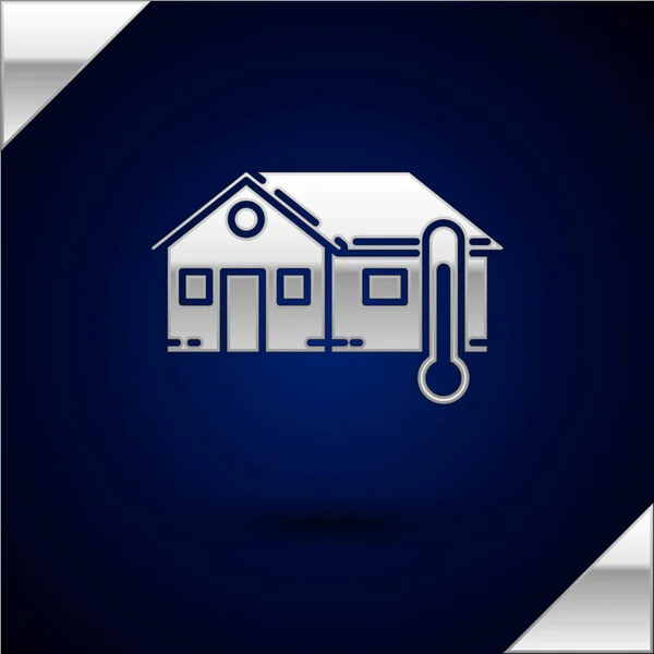 Gümüş Ev sıcaklık simgesi koyu mavi arka plan üzerinde izole. Termometre simgesi. Vektör İllüstrasyonu — Stok Vektör