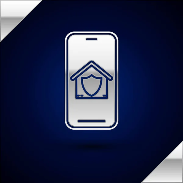 Teléfono móvil plateado con casa bajo icono de protección aislado sobre fondo azul oscuro. Protección, seguridad, protección, concepto de defensa. Ilustración vectorial — Vector de stock