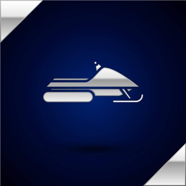 Gümüş Snowmobile simgesi koyu mavi arka planda izole. Snowmobiling işareti. Ekstrem sporlar. Vektör İllüstrasyonu