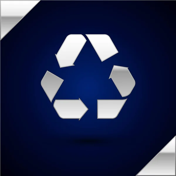 Ícone de símbolo de reciclagem de prata isolado no fundo azul escuro. Ícone de seta circular. Meio ambiente reciclável ficar verde. Ilustração vetorial —  Vetores de Stock