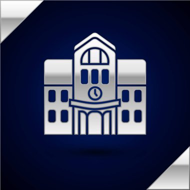 Gümüş Okulu bina simgesi koyu mavi arka plan üzerinde izole. Vektör İllüstrasyonu