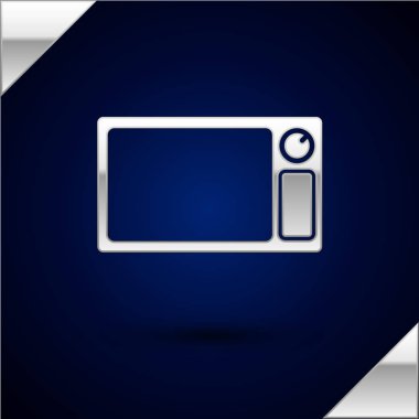 Gümüş Mikrodalga fırın simgesi koyu mavi arka plan üzerinde izole. Ev aletleri simgesi. Vektör İllüstrasyonu