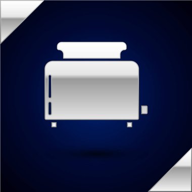 Koyu mavi arka plan üzerinde izole tost simgesi ile Gümüş Tost makinesi. Vektör İllüstrasyonu