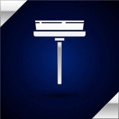 Koyu mavi arka planda izole pencereler simgesi için kauçuk temizleyici ile Gümüş Temizleme hizmeti. Squeegee, kazıyıcı, silecek. Vektör İllüstrasyonu