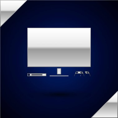 Gümüş Video oyun konsolu simgesi koyu mavi arka plan üzerinde izole. Joystick ve lcd televizyon ile oyun konsolu. Vektör İllüstrasyonu