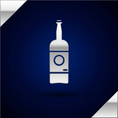 Gümüş Bira şişe simgesi koyu mavi arka plan izole. Vektör İllüstrasyonu