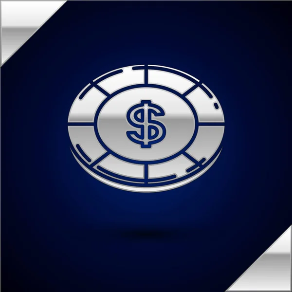 Chip de plata Casino con símbolo de dólar icono aislado sobre fondo azul oscuro. Juego de casino. Ilustración vectorial — Archivo Imágenes Vectoriales
