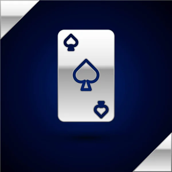 Silver Playing card with spades symbol icon isolated on dark blue background. Jogo de casino. Ilustração vetorial — Vetor de Stock