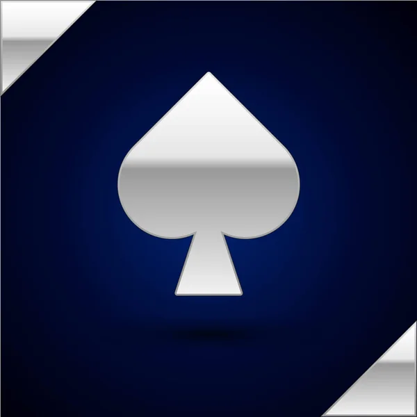 Silver Playing card with spades symbol icon isolated on dark blue background. Casino gambling. Vector Illustration — Stock Vector