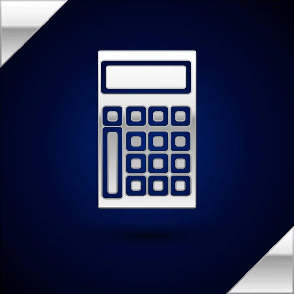 Ícone da calculadora de prata isolado no fundo azul escuro. Símbolo contabilístico. Cálculos de negócios educação matemática e finanças. Ilustração vetorial —  Vetores de Stock