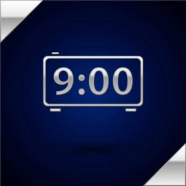 Icono de reloj despertador digital plateado aislado sobre fondo azul oscuro. Reloj despertador electrónico. Icono de tiempo. Ilustración vectorial — Vector de stock