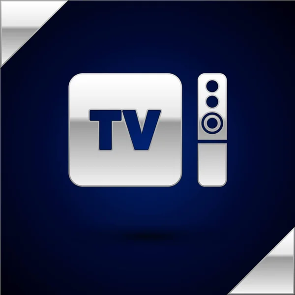 Срібна мультимедіа і телевізійна коробка приймач і плеєр з піктограмою віддаленого контролера ізольовані на темно-синьому фоні. Векторна ілюстрація — стоковий вектор
