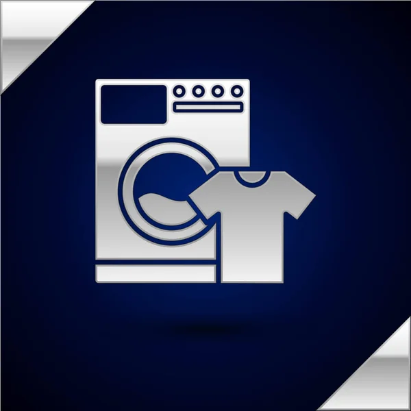 シルバーワッシャーとTシャツのアイコンは、ダークブルーの背景に分離されています。洗濯機のアイコン。衣類洗濯機 洗濯機家電製品のシンボル。ベクトルイラストレーション — ストックベクタ