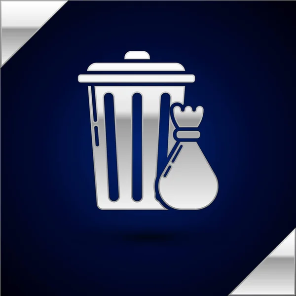 Silver trash kan en vuilniszak pictogram geïsoleerd op donker blauwe achtergrond. Vuilnis bin teken. Recycle basket icoon. Prullenbakpictogram van Office. Vector illustratie — Stockvector