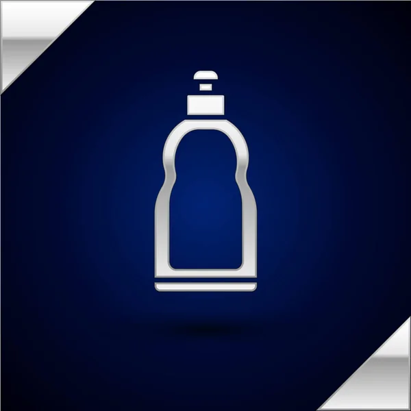 银塑料瓶用于液体洗衣粉、漂白剂、洗碗液或其他在深蓝色背景上隔离的清洁剂图标。矢量插图 — 图库矢量图片