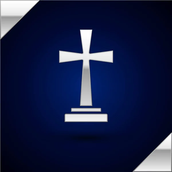 Lápida de Plata con icono de cruz aislado sobre fondo azul oscuro. Icono de tumba. Ilustración vectorial — Vector de stock