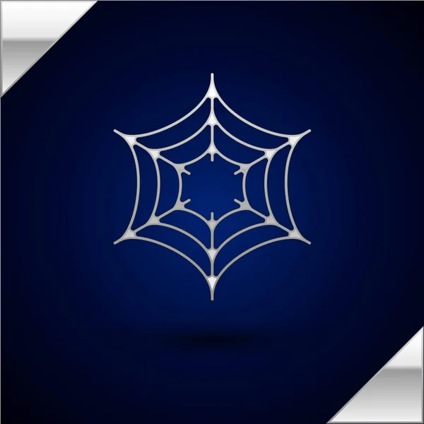 Icono de tela de araña plateada aislado sobre fondo azul oscuro. Signo Cobweb. Feliz fiesta de Halloween. Ilustración vectorial — Vector de stock
