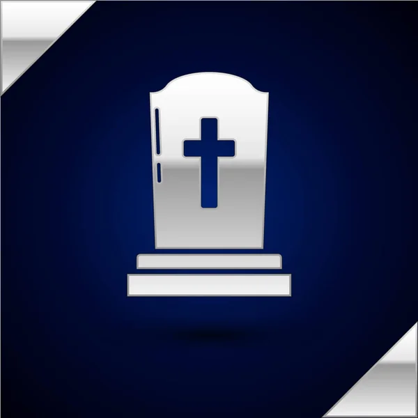 Silver Tombstone with cross icon isolated on dark blue background. Grave icon. Vector Illustration — Stock Vector