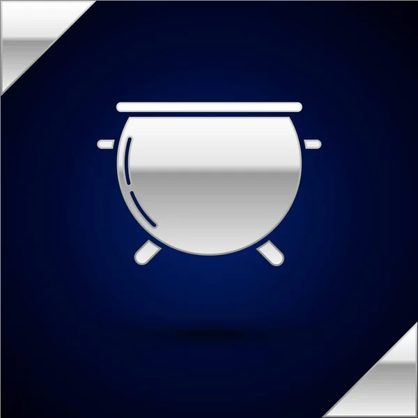 Silver Halloween witch cauldron icon isolated on dark blue background. Happy Halloween party. Vector Illustration — Stock Vector