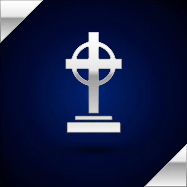 Silver Tombstone with cross icon isolated on dark blue background. Grave icon. Vector Illustration — Stock Vector