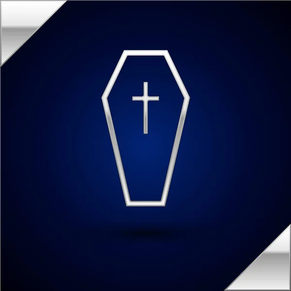 Srebrna trumna z chrześcijańską ikoną Krzyża wyizolowaną na ciemnym niebieskim tle. Happy Halloween party. Ilustracja wektorowa — Wektor stockowy