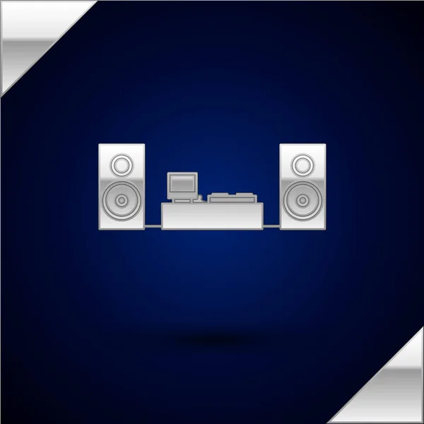 Estéreo Silver Home con el icono de dos altavoces aislado sobre fondo azul oscuro. Sistema de música. Ilustración vectorial — Archivo Imágenes Vectoriales