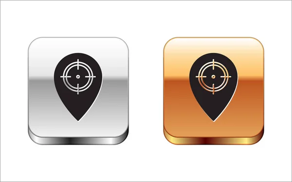 Ikona černého Huntu, izolovaná na bílém pozadí. Navigace, ukazatel, umístění, mapa, GPS, směr, místo, kompas, kontakt, hledání. Stříbrné čtvercové tlačítko. Vektorová ilustrace — Stockový vektor